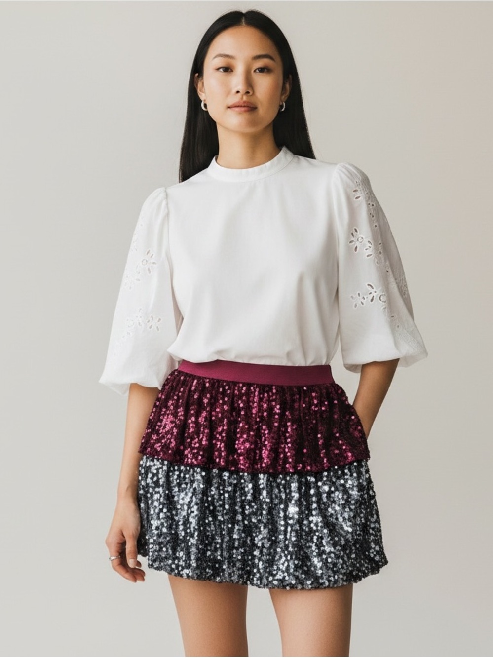 NWT TCEC Sequin Skort Bubble Hem Burgundy Silver Size L Party Festival Club